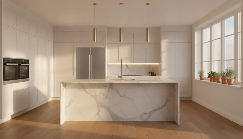 Modern kitchen with marble island and pendant lights, large window with potted plants, wooden floor