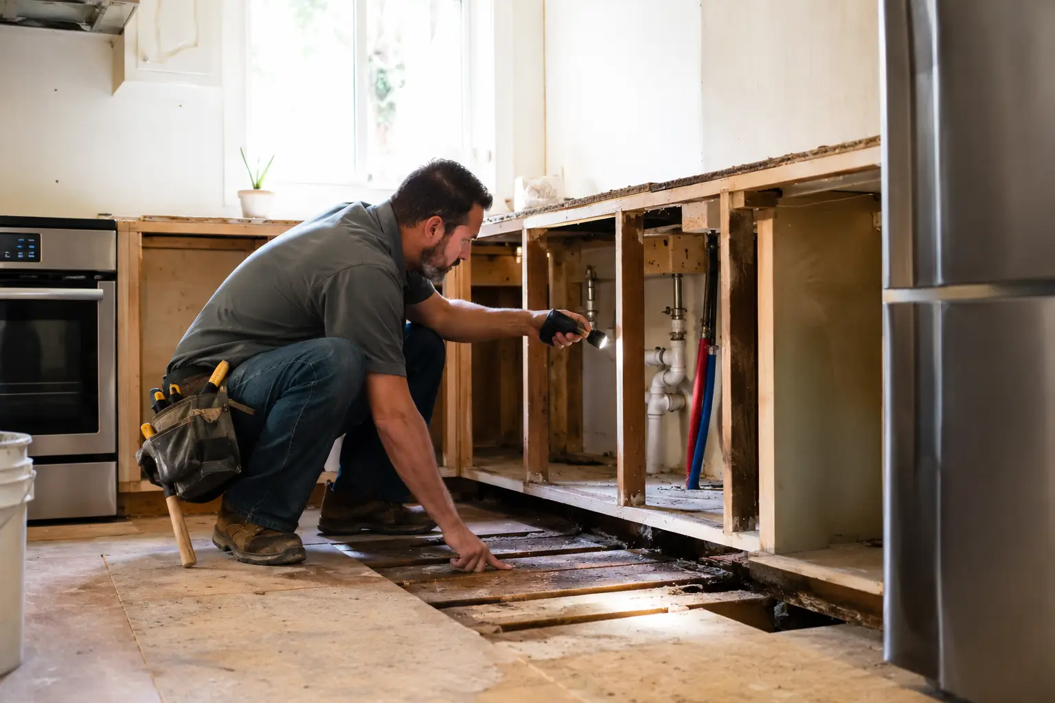 Man inspecting exposed kitchen plumbing beneath wooden countertop in bright renovated space