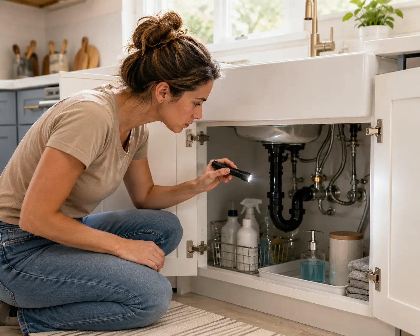 Woman inspecting under-sink pipes with flashlight in modern kitchen cabinet