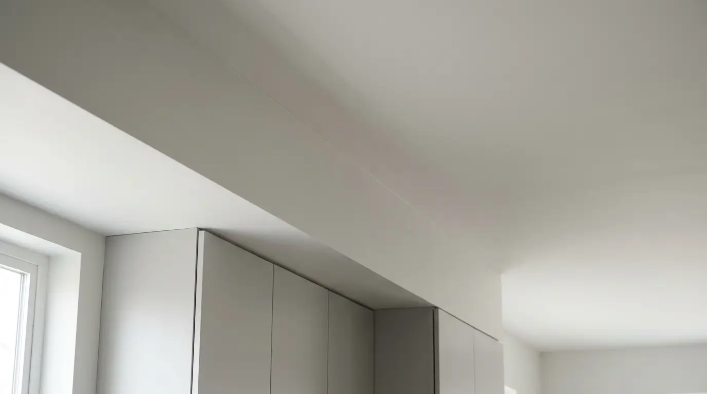 Minimalist kitchen corner with white cabinets and natural light from a nearby window