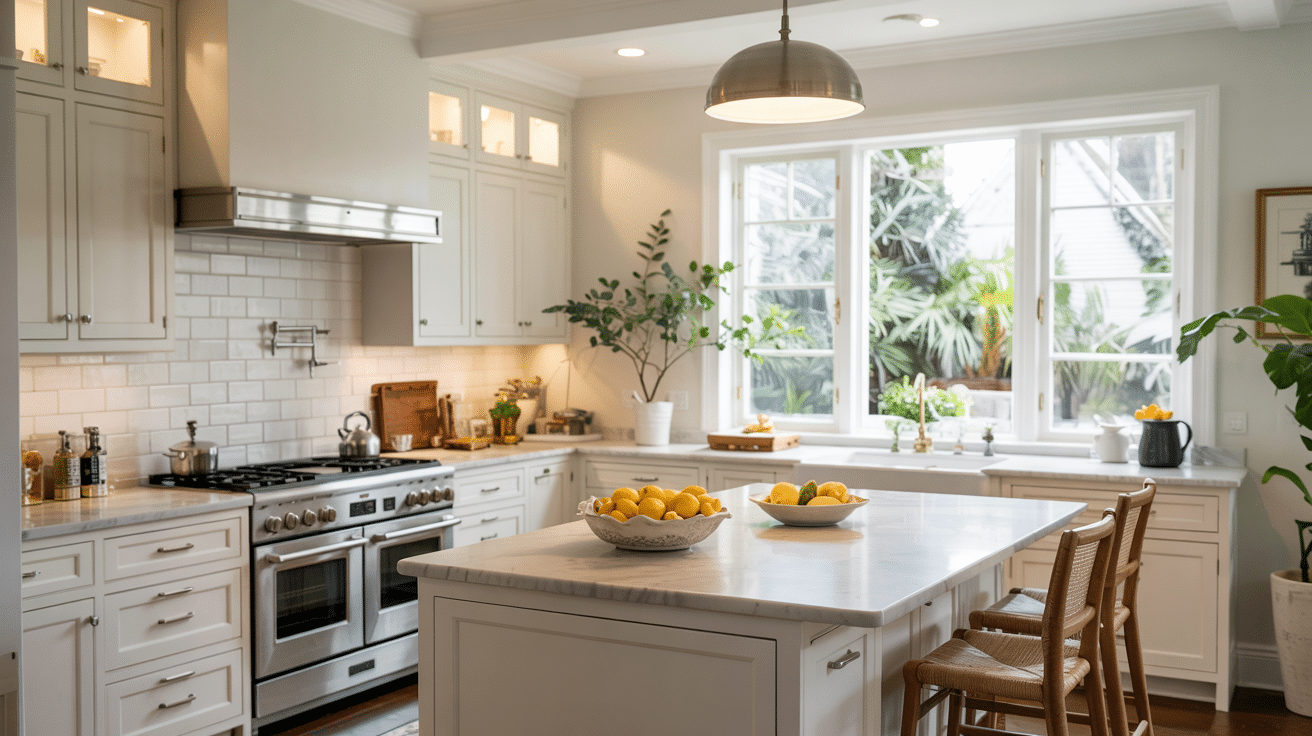 kitchen with collingwood white cabinets, marble island, wood stools, and large sunny windows