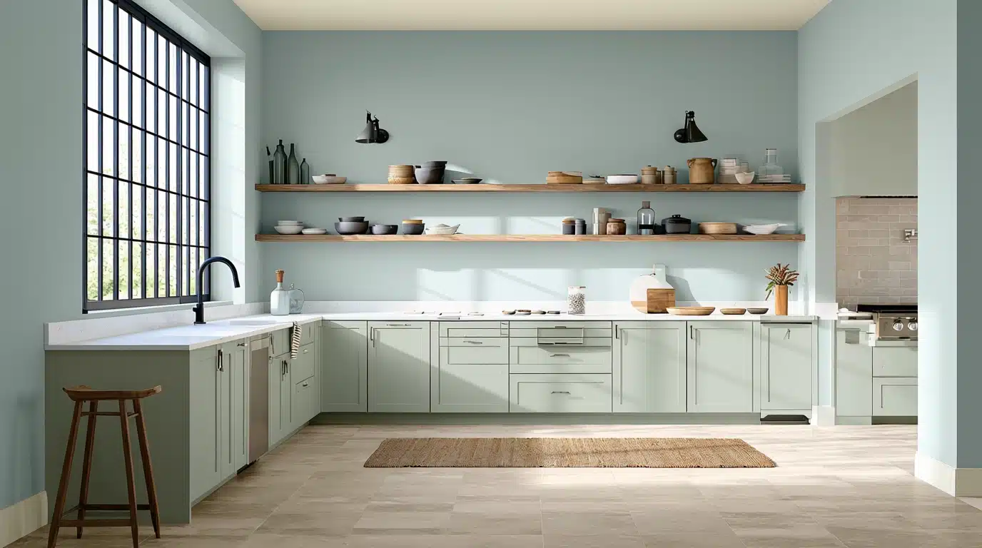 A bright kitchen featuring a large window and shelves adorned with beach glass walls.
