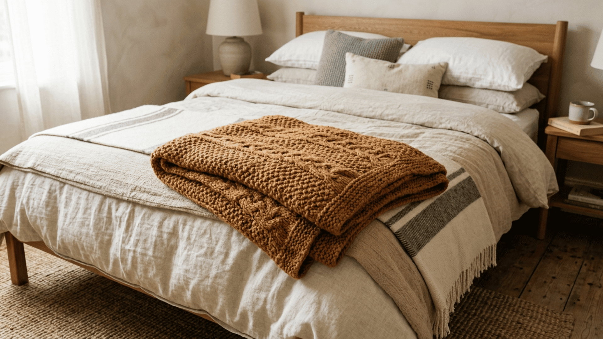 warm knit throw blanket folded on a neutral bed in a cozy bedroom