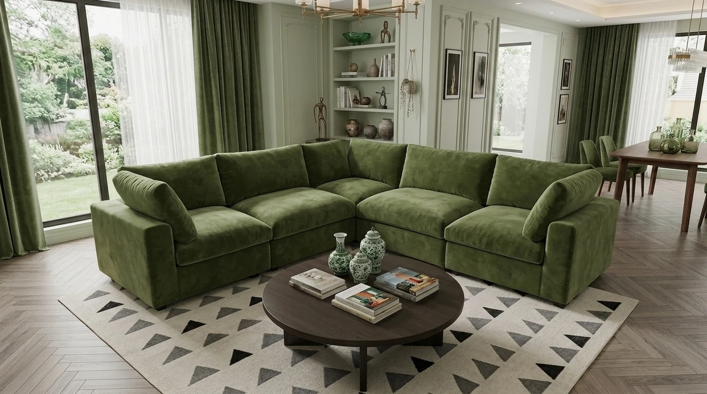 A living room featuring a green L-shaped sectional sofa and a stylish coffee table in the center.