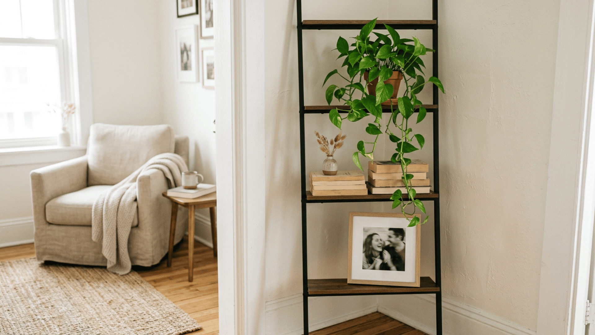 slim ladder style bookshelf in a small apartment corner styled with plants and books
