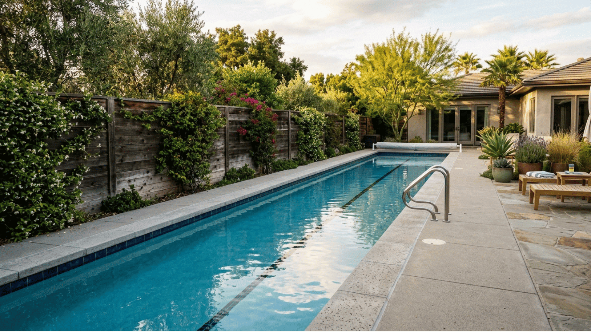 narrow lap pool built along a backyard fence line