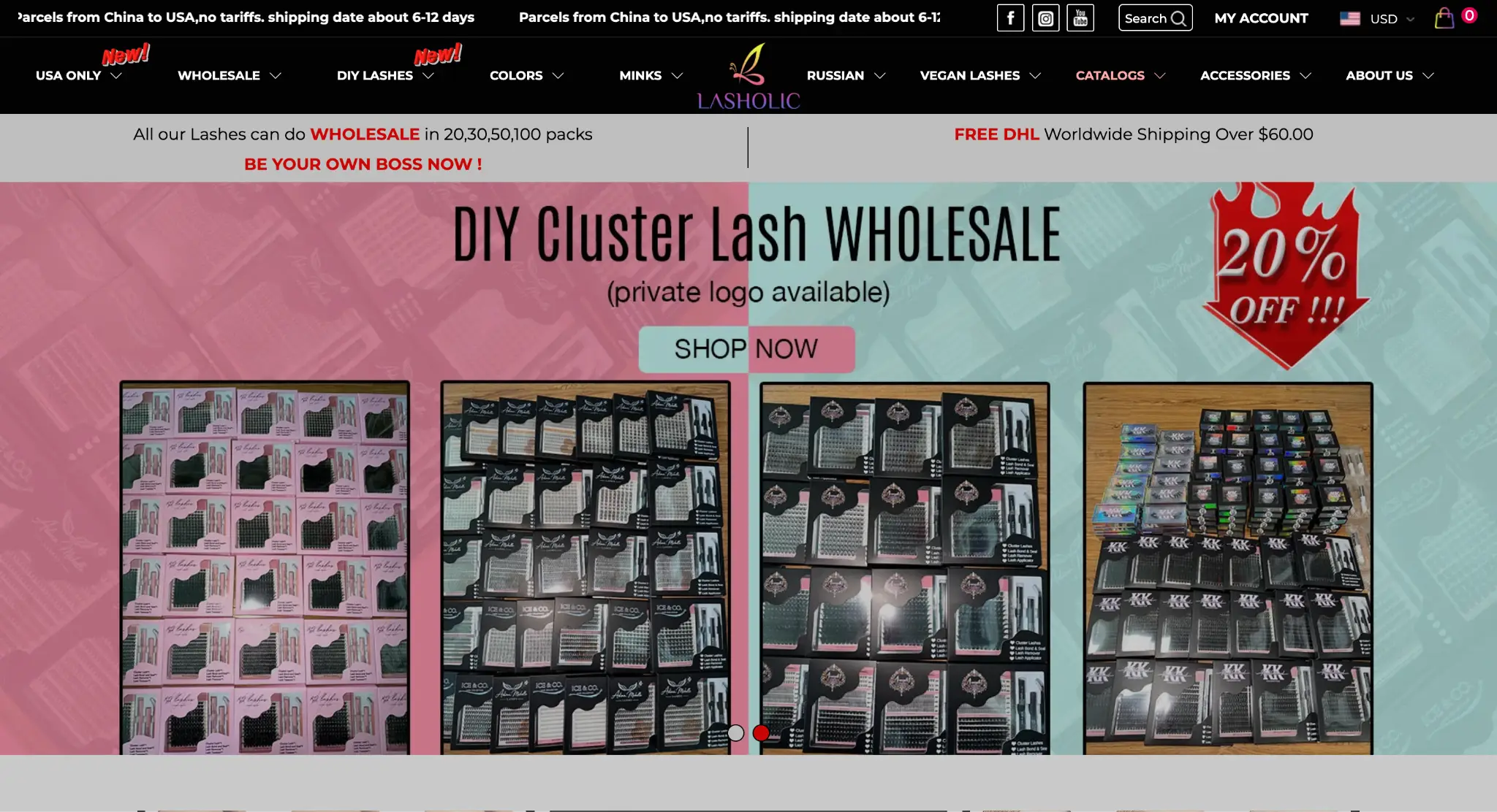 DIY eyelash extension sets displayed in retail packaging with discount offer signage