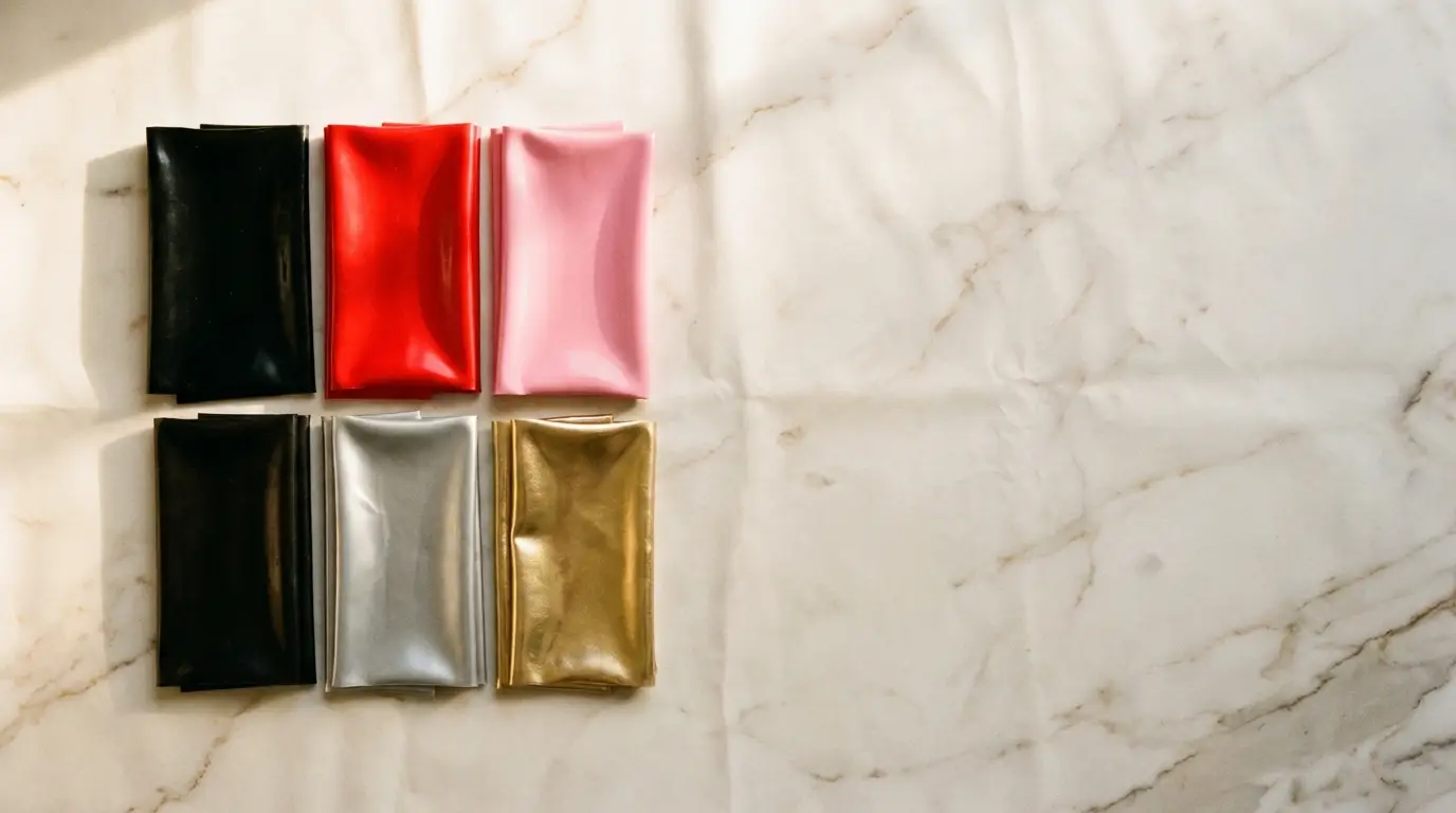 Six folded pieces of colorful latex fabric on marble surface in natural light