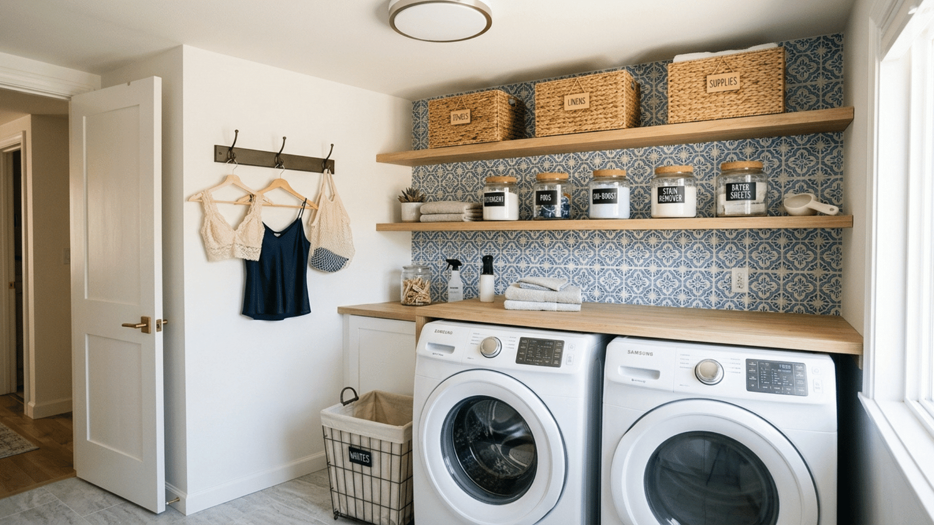 laundry room with open shelving, labeled jars, and a patterned backsplash
