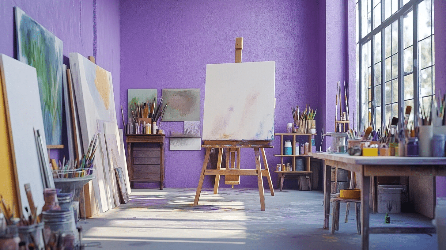 art studio with lavender walls, blank canvas, paintbrushes, and easel in bright natural light indoors