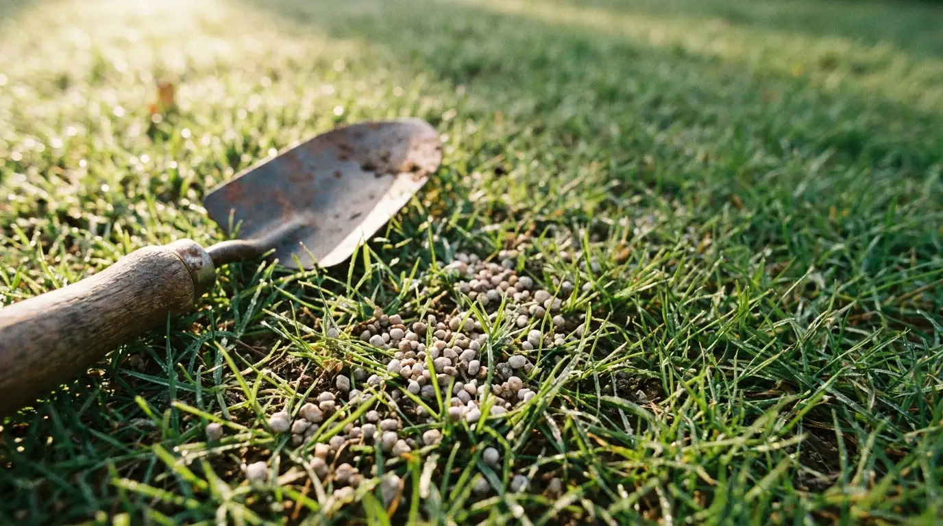 Trowel and fertilizer pellets on grass in sunlit garden setting