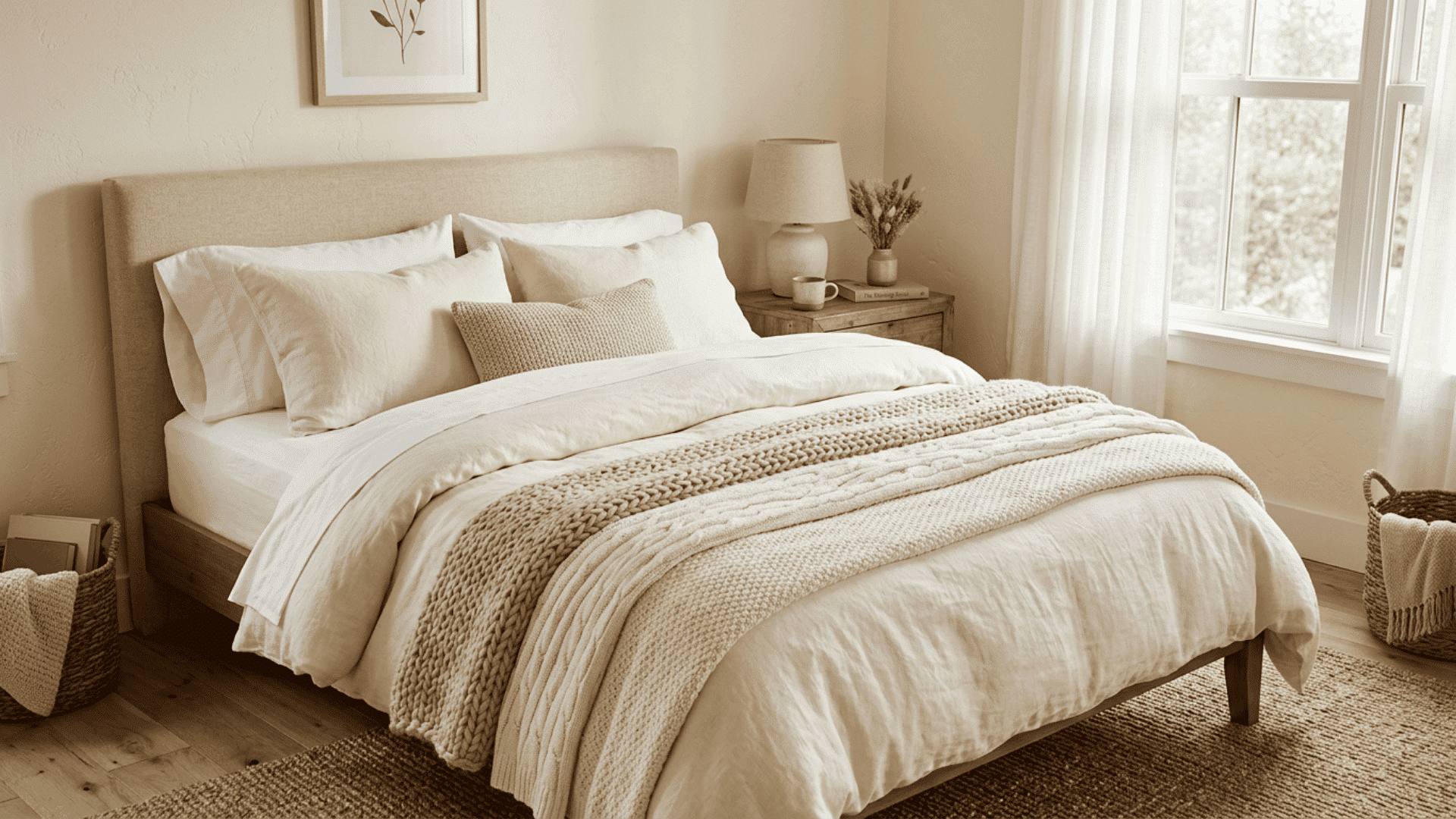 bed layered with cream sheets and a chunky knit throw in a warm neutral cozy bedroom