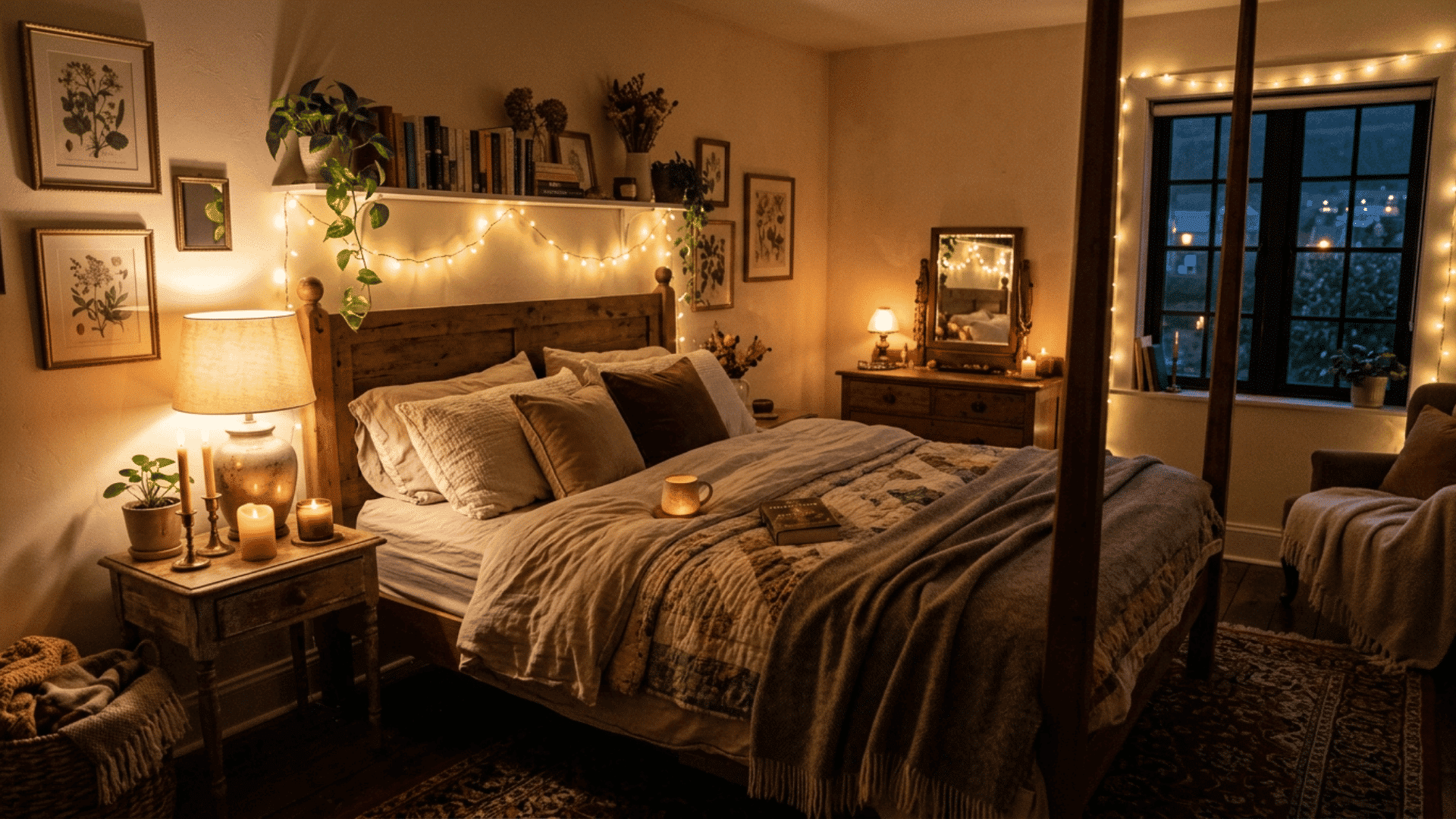 cozy bedroom lit with layered lighting from a lamp string lights and candles in the evening