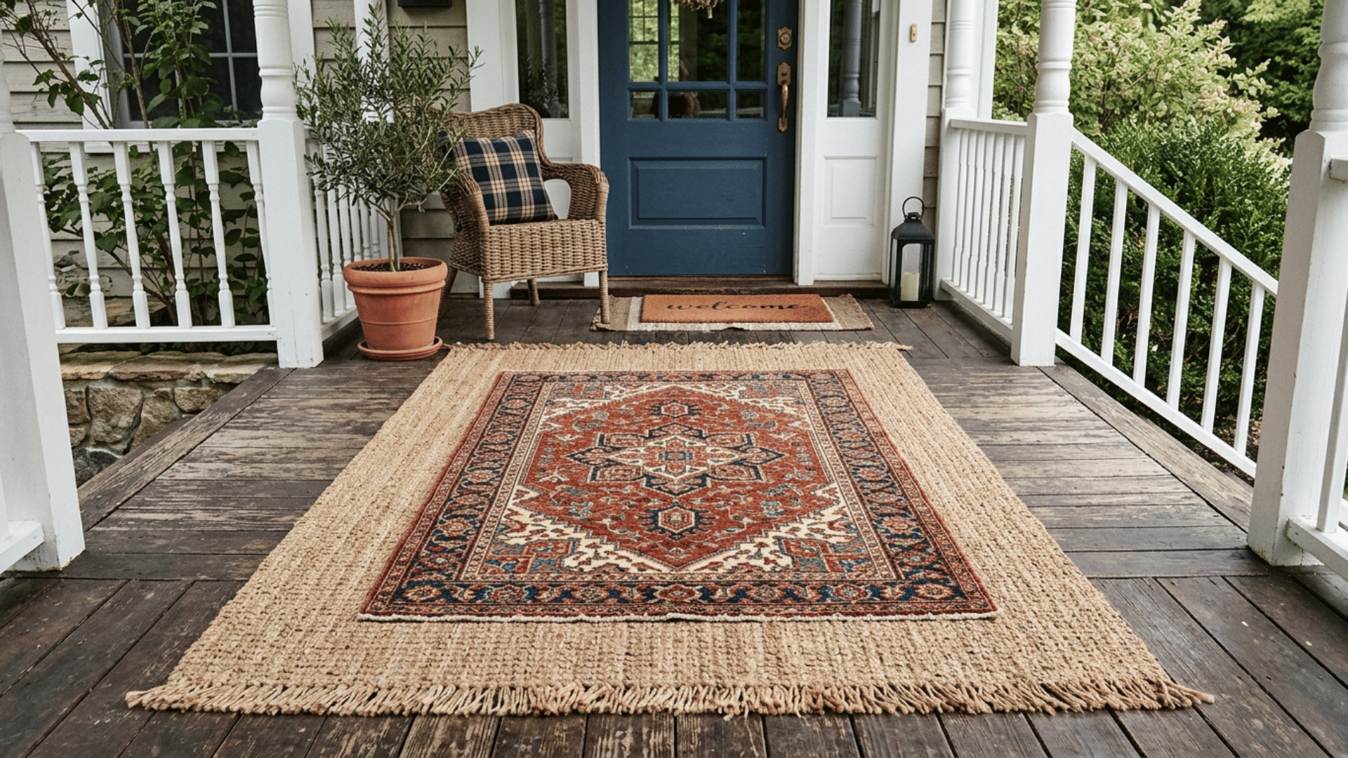 layered rugs with a patterned design over a neutral base