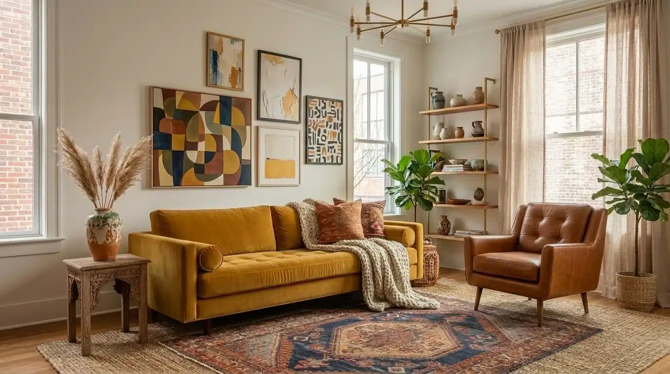 A living room featuring a yellow couch, matching chair, and rug, showcasing layered textures in a cozy arrangement.