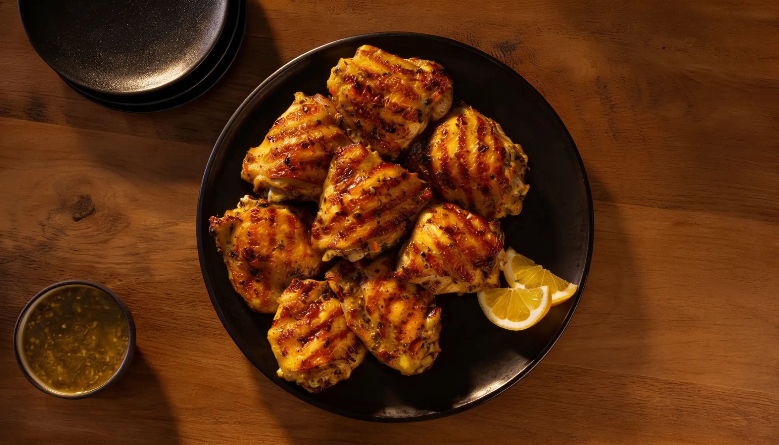 Grilled chicken thighs arranged on a black plate with lemon wedges, set on a wooden table. A small bowl of sauce and stacked plates are nearby.