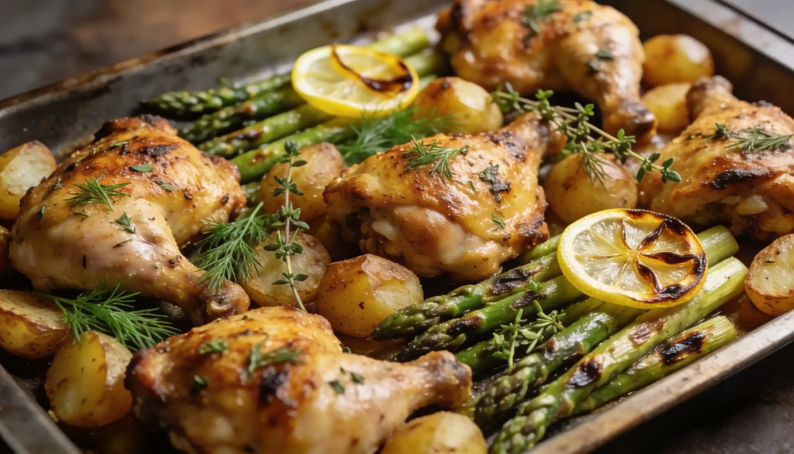 Roasted chicken leg quarters with asparagus, potatoes, and lemon slices on a baking sheet.