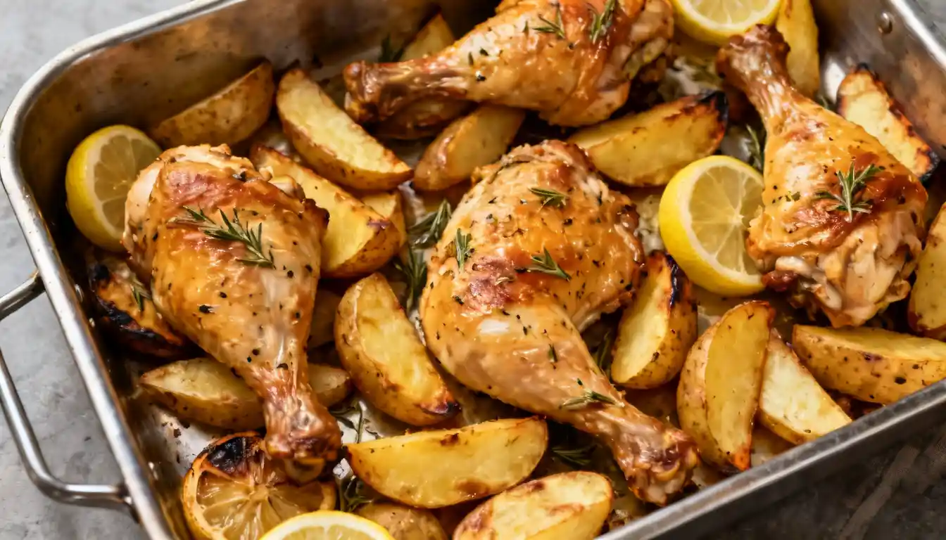 Roasted chicken leg quarters and potato wedges with lemon slices and rosemary sprigs in a baking pan.