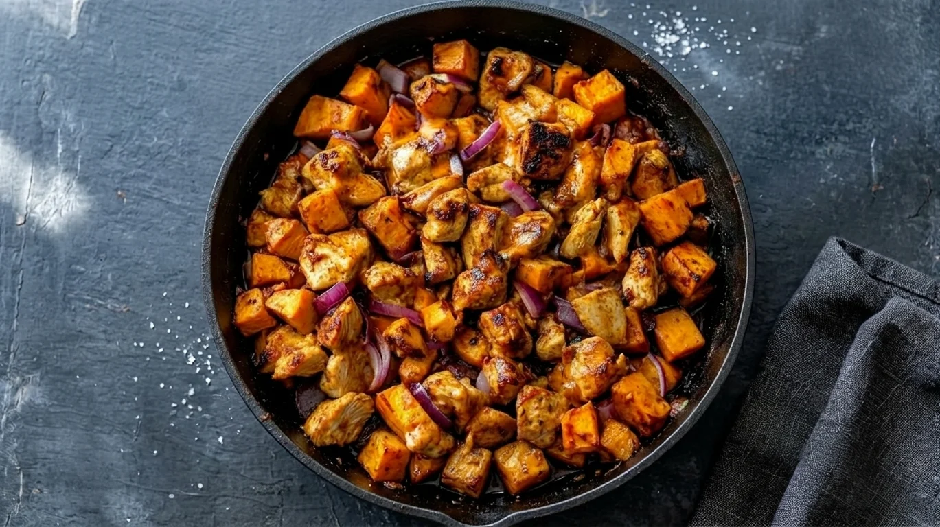 A pan filled with grilled BBQ chicken pieces and roasted sweet potato chunks, garnished with herbs.