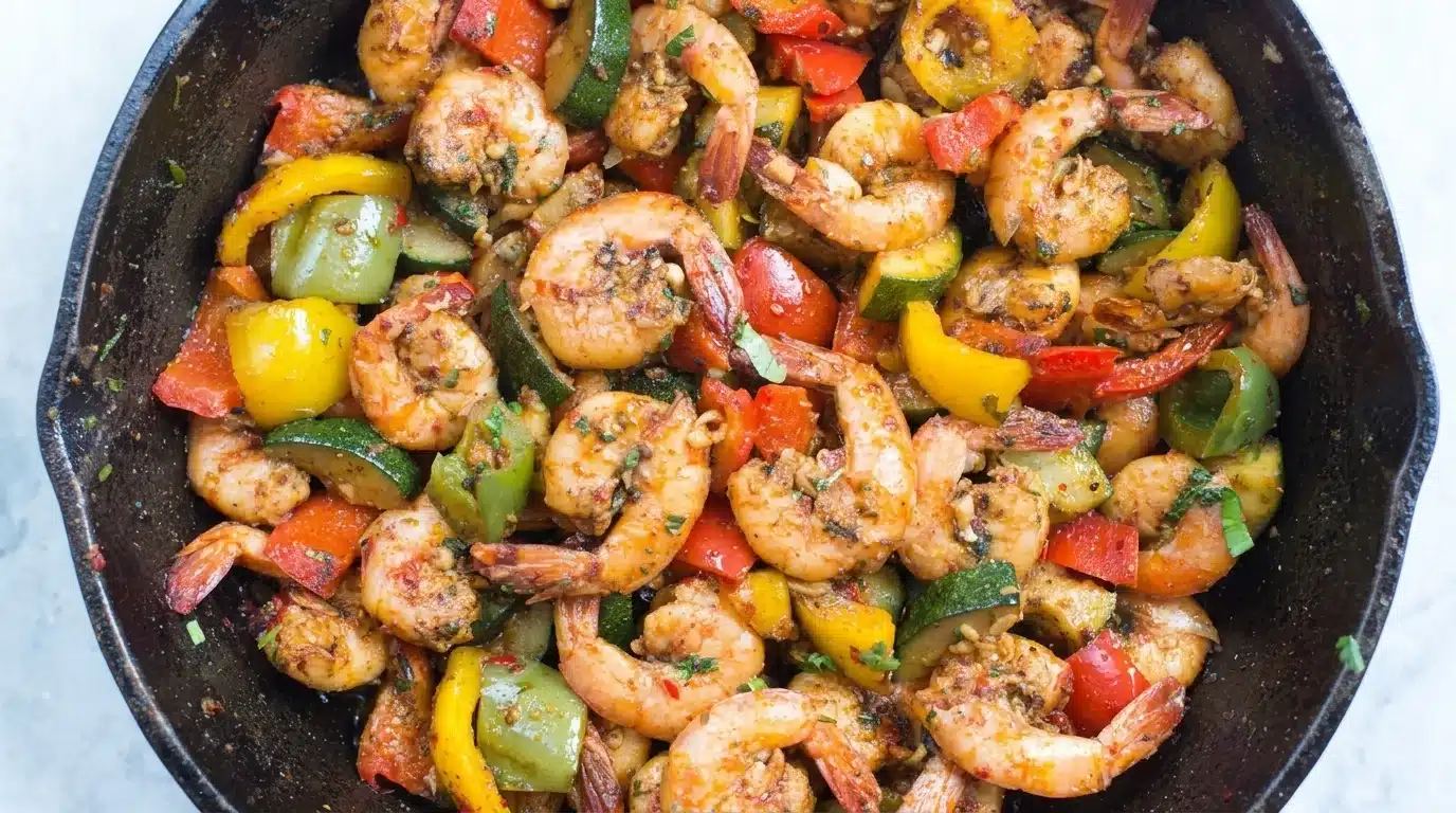 A skillet filled with garlic butter shrimp and colorful mixed vegetables, showcasing a delicious seafood dish.