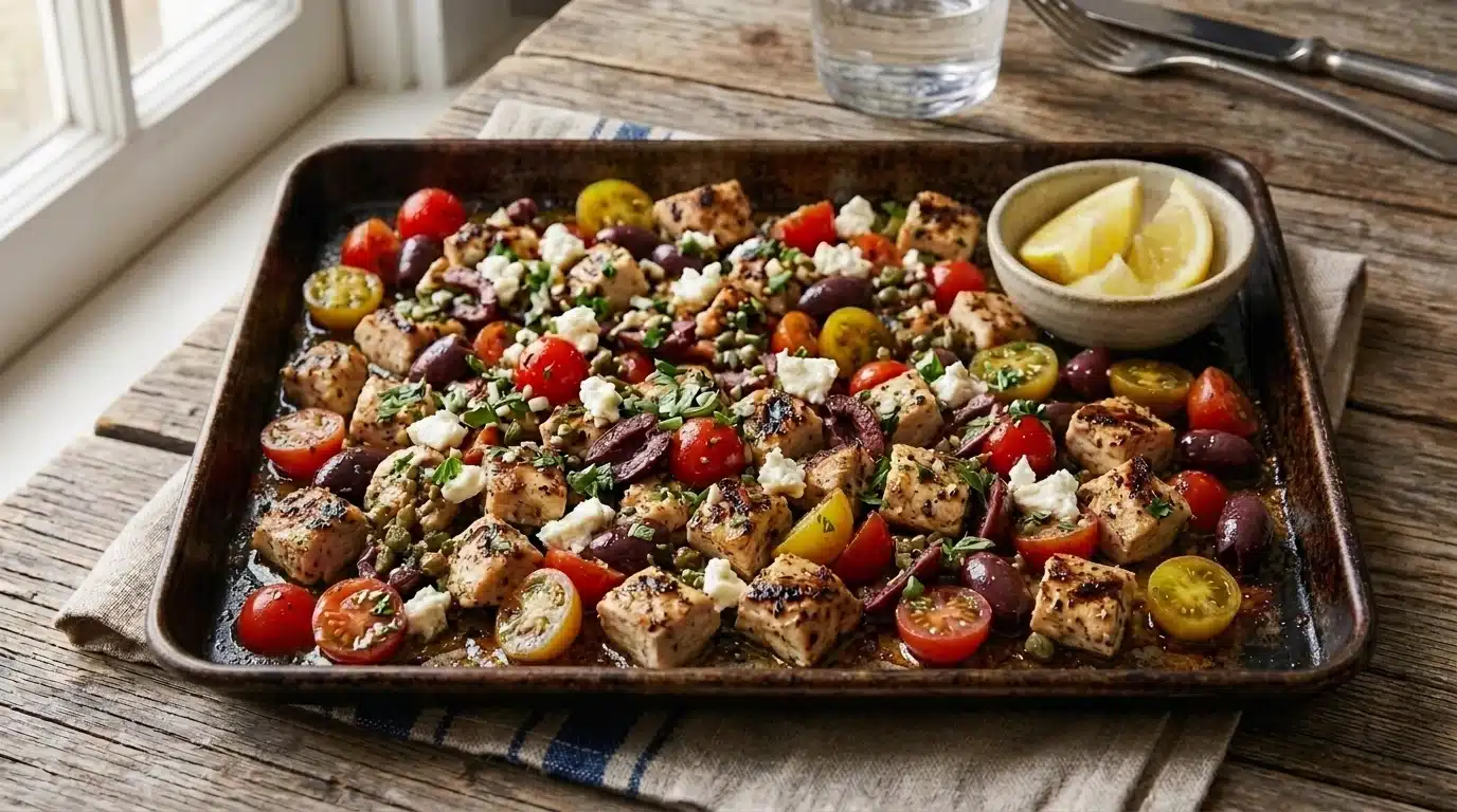 A plate of Greek chicken topped with feta cheese and olives, garnished with herbs and served with a side of vegetables.