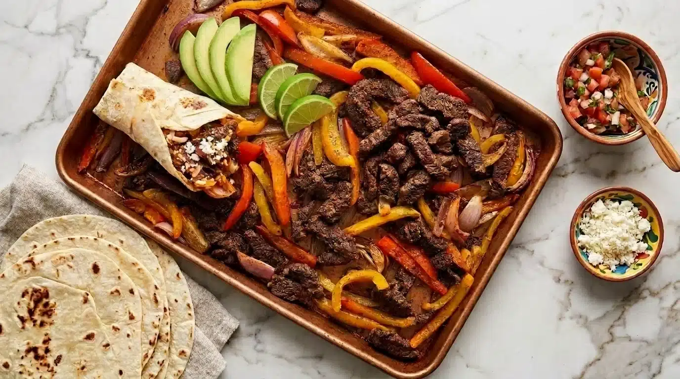 A tray of beef fajitas with colorful peppers, tortillas, and sliced avocado, showcasing a vibrant Mexican meal.