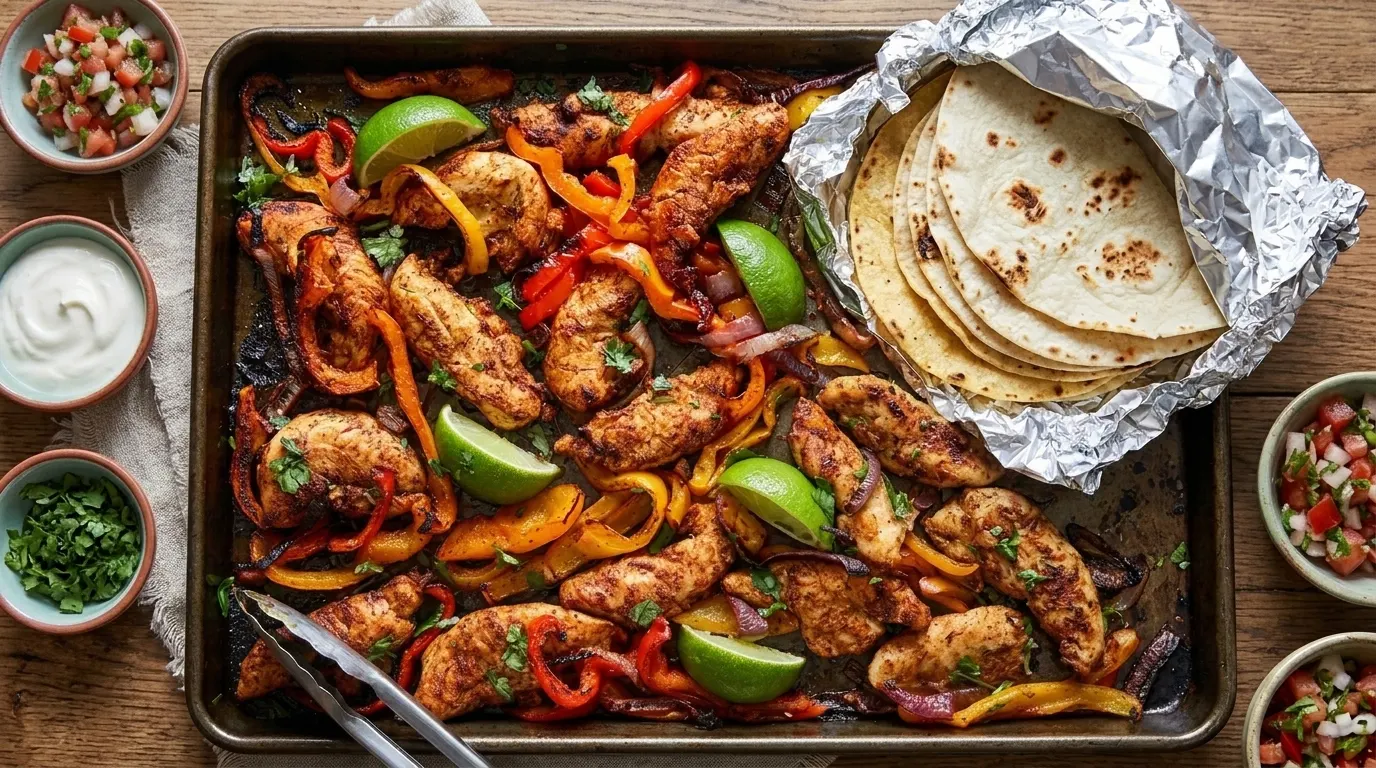 Chicken and assorted vegetables arranged on a sheet pan, showcasing a delicious Mexican-inspired meal.