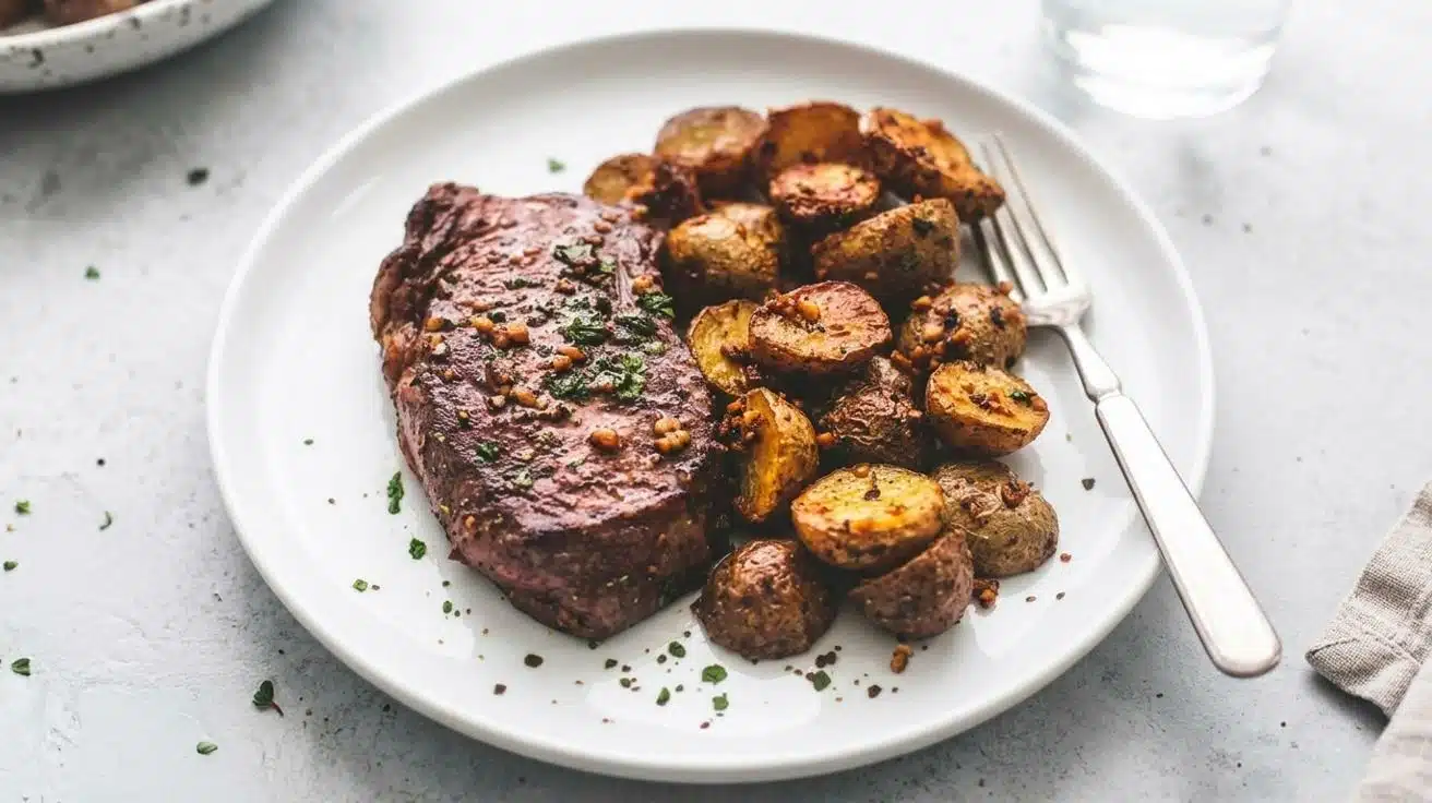 A plated meal featuring a juicy steak alongside golden roasted potatoes.