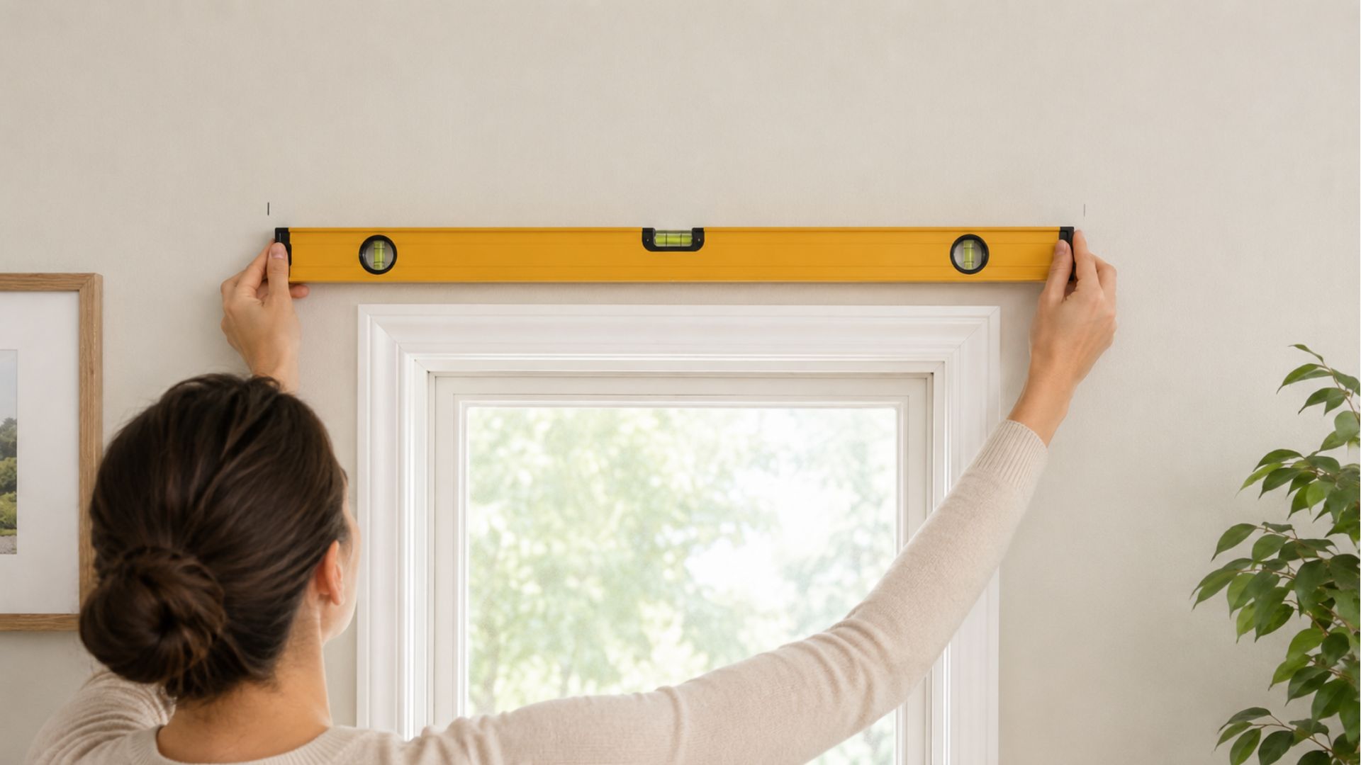 woman holding a spirit level above a window to check straight curtain rod placement before installation