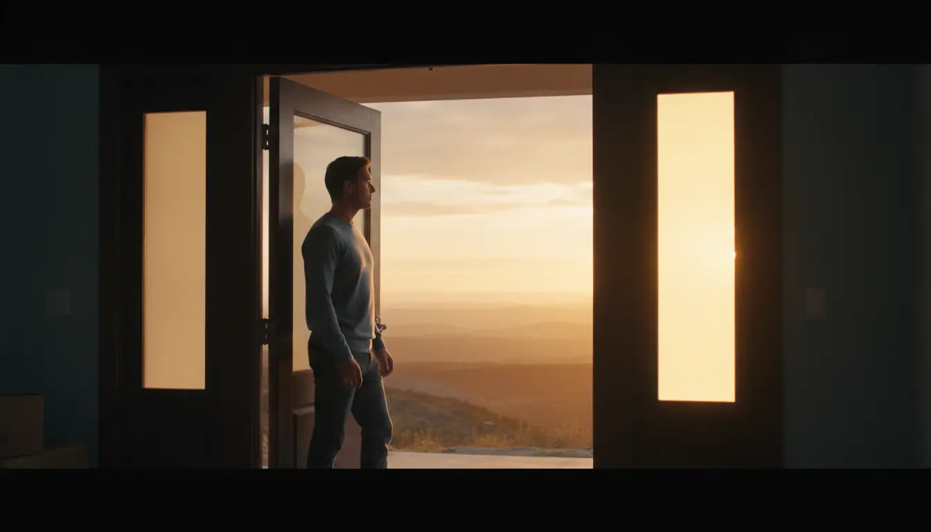 Man standing in doorway as sun sets over scenic landscape