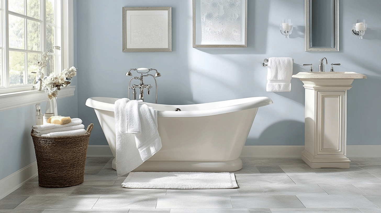 bright bathroom with light blue walls, white freestanding tub, vanity, and gray tile flooring inside