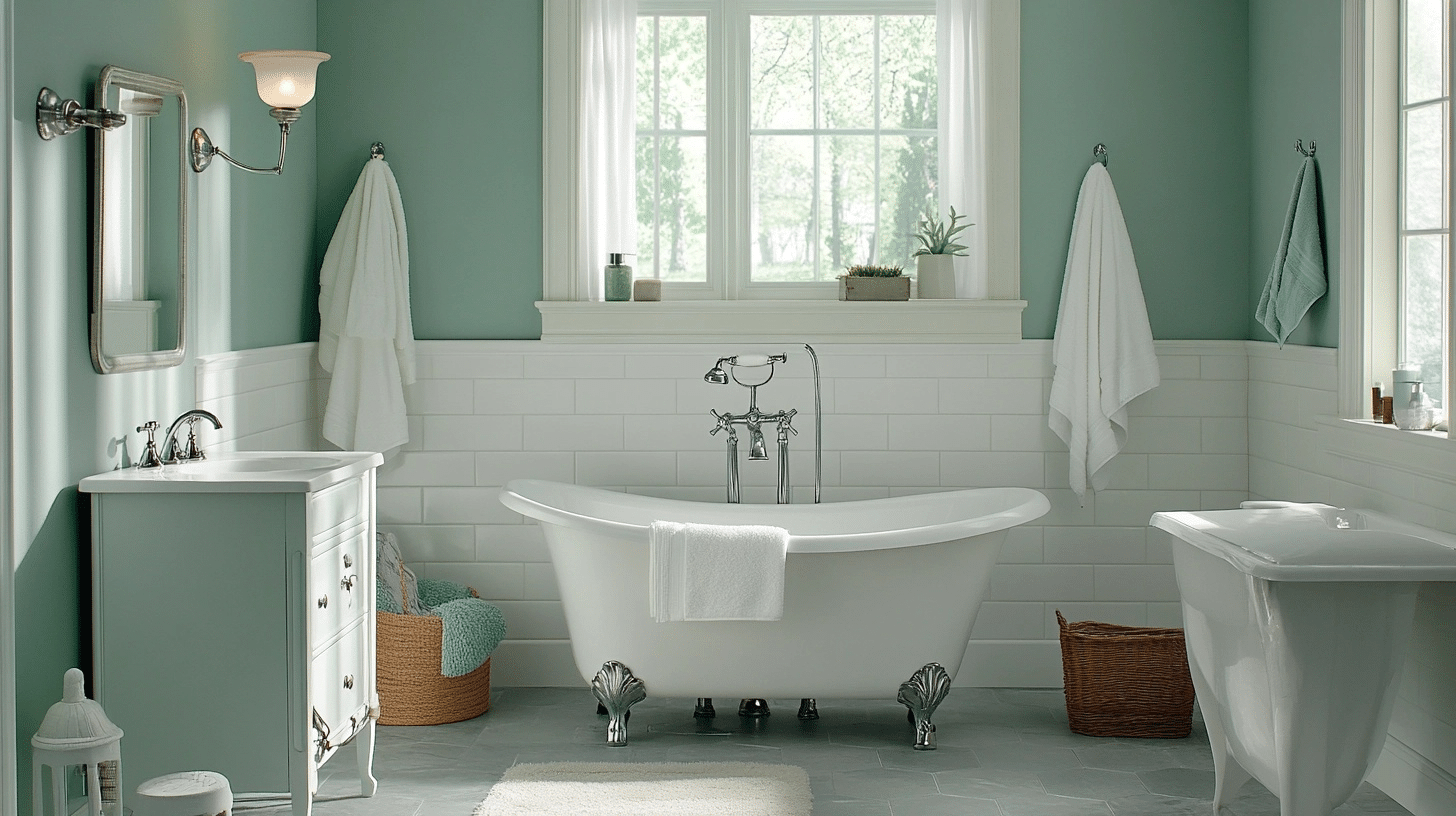 a tranquil bathroom features a freestanding clawfoot tub with a chrome faucet, a vanity with a sink and mirror, and two windows with white curtains