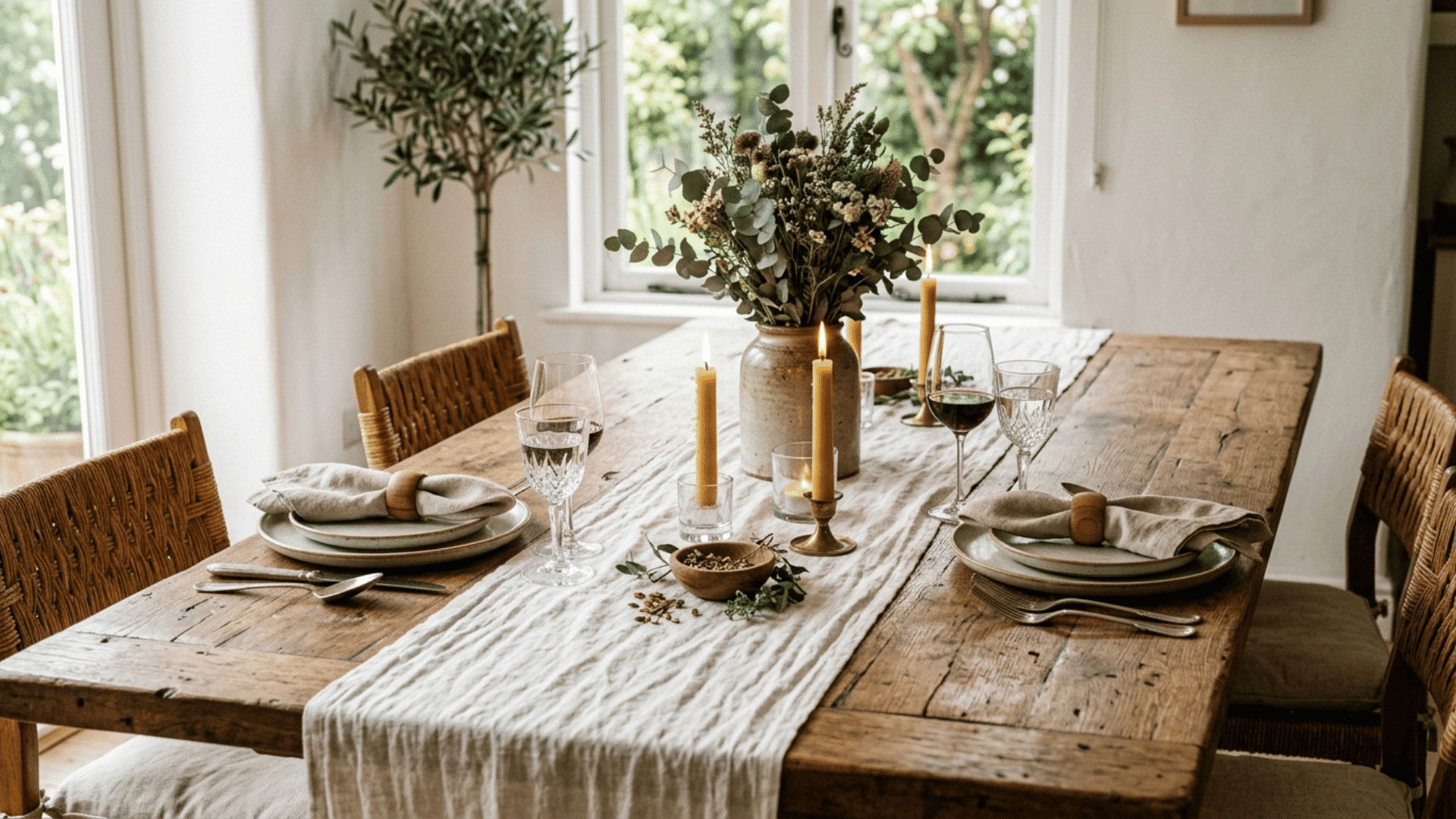 linen table runner styled down the center of a wood dining table