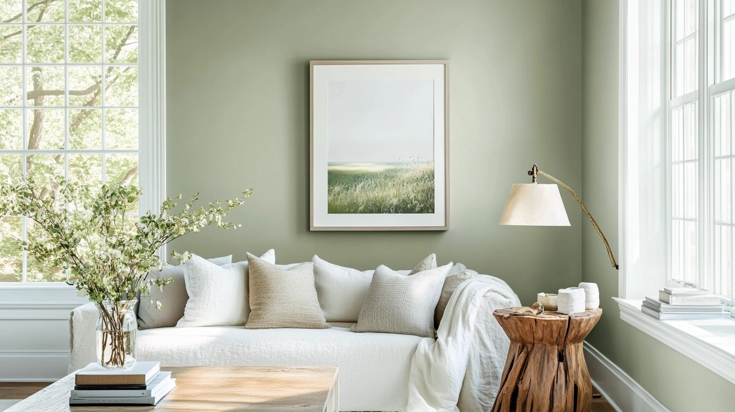 Saybrook sage green living room with white sofa, wood tables, framed art, flowers, and tall windows.