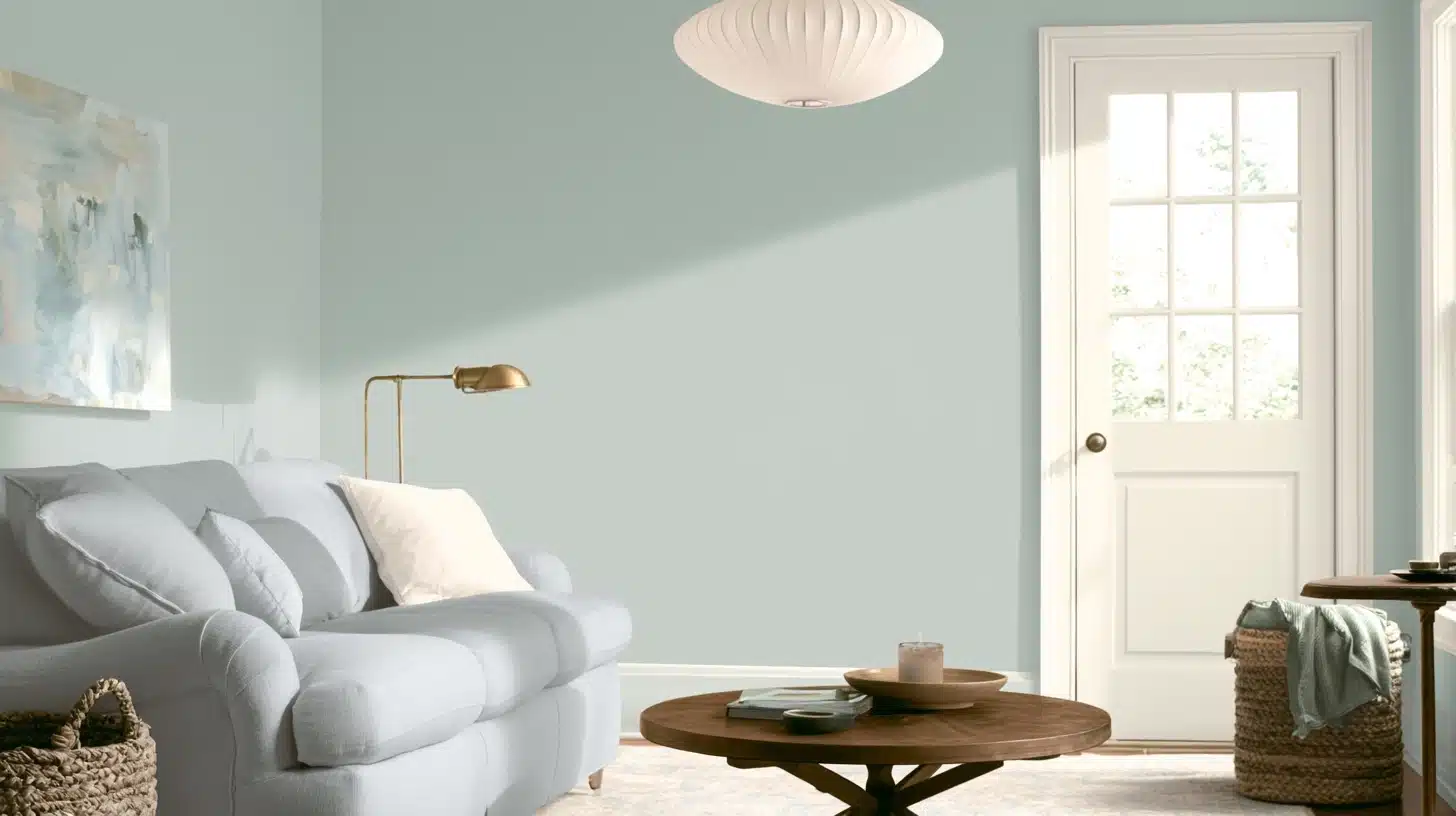 **Alt text:** Benjamin Moore Beach Glass walls in a bright living room with white trim and natural wood accents.