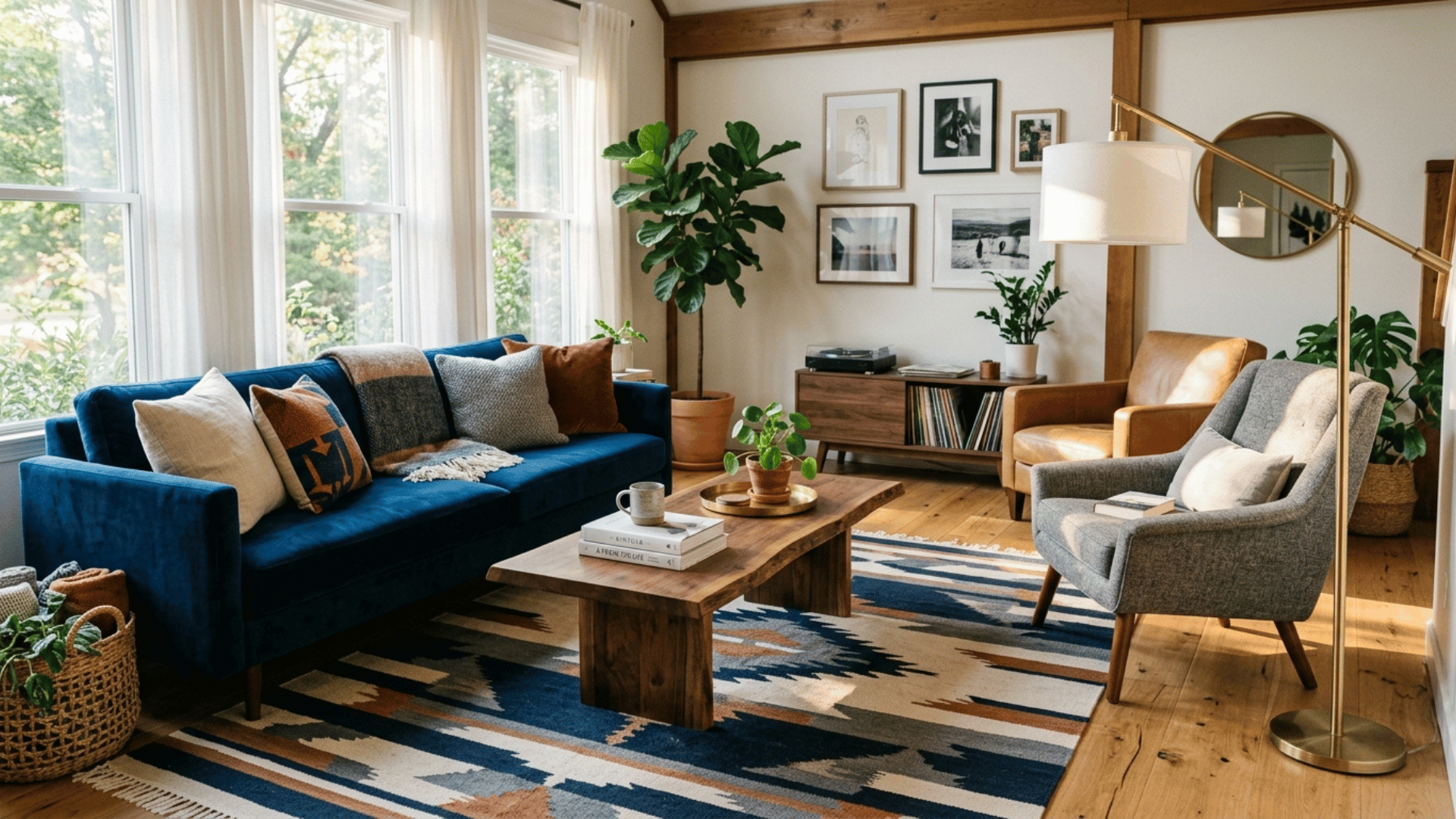 modern living room styled around a bold patterned rug and reading lamp