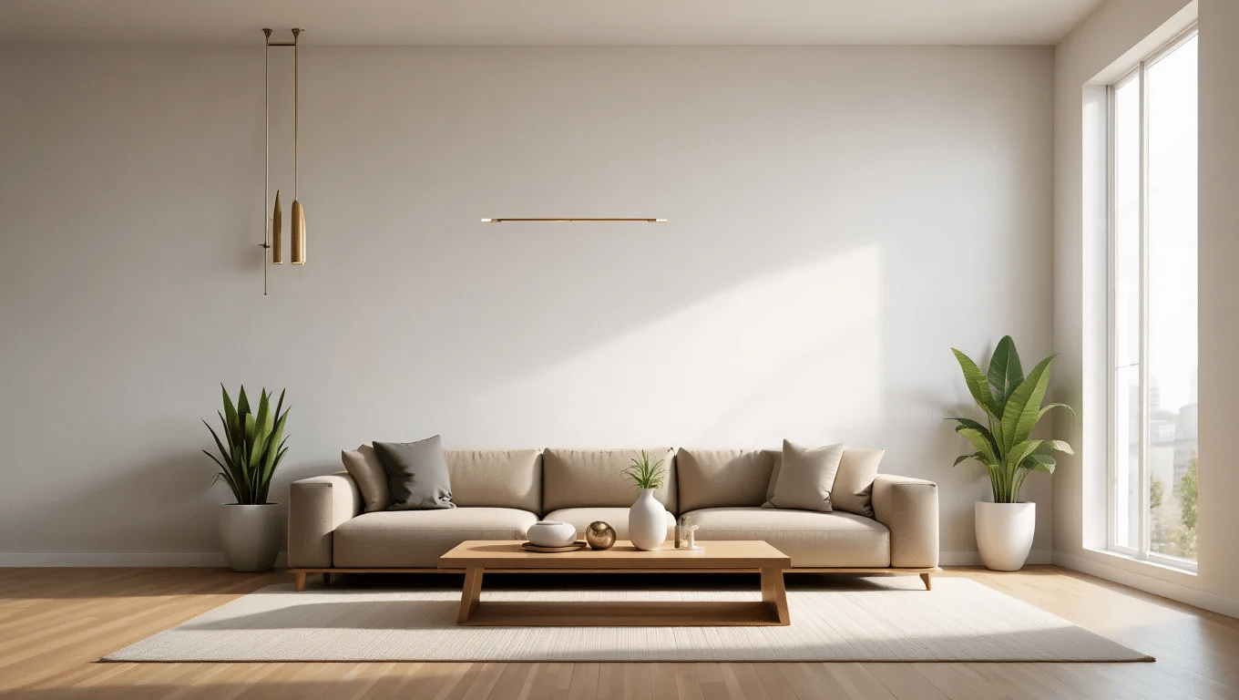 Sunlit living room with collingwood by benjamin moore walls, beige sofa, plants, and wood table.