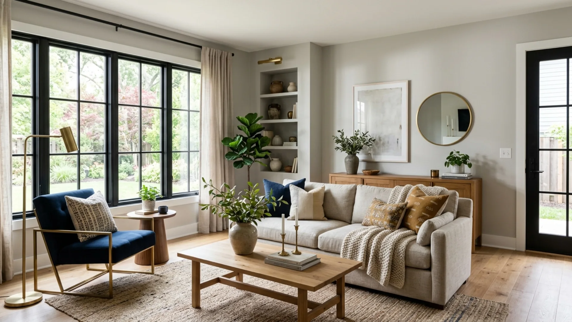 living room with a sofa, blue armchair, wooden coffee table, and large black-framed windows overlooking a green yard