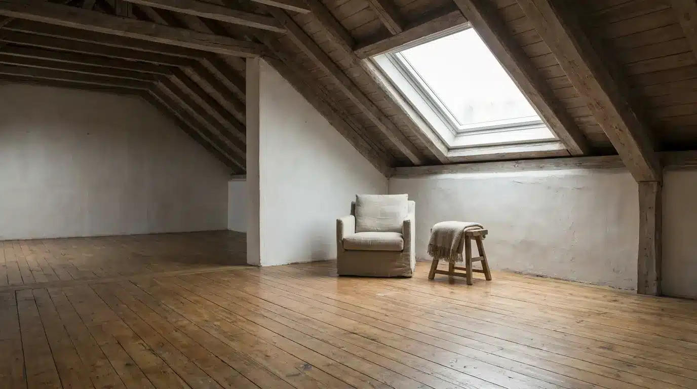 Cozy armchair and stool with blanket in rustic attic room with skylight