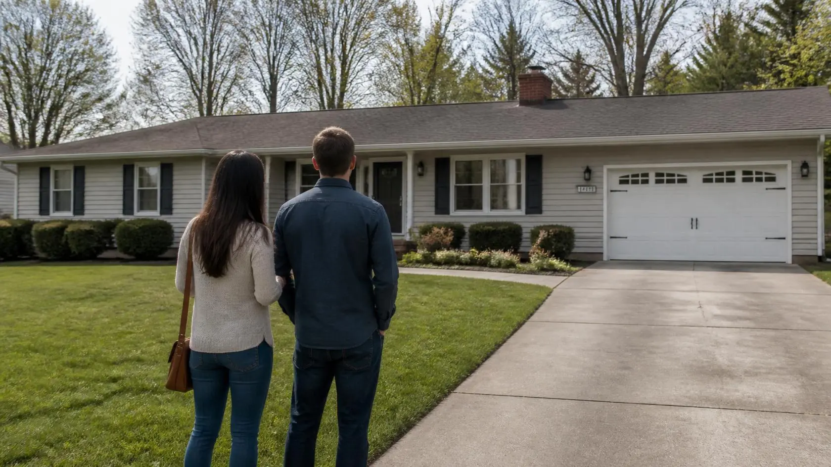 Couple looking at a light-colored ranch-style house with a white garage door and well-kept lawn.