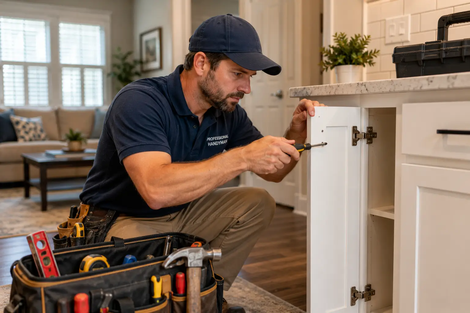 Handyman fixing cabinet door with screwdriver in a modern kitchen, tool bag on the floor