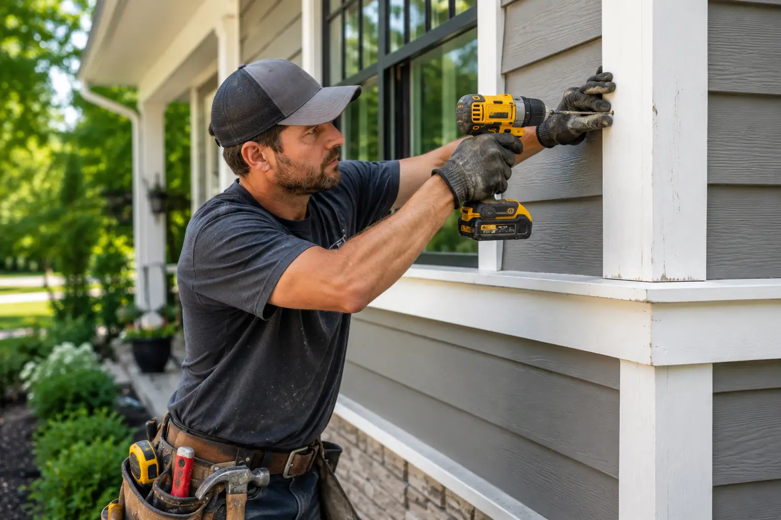 Man using a cordless drill to repair house siding in outdoor setting