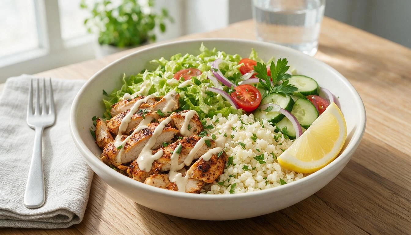 Low carb chicken shawarma bowl with cauliflower rice lettuce cucumber tomatoes tahini and lemon