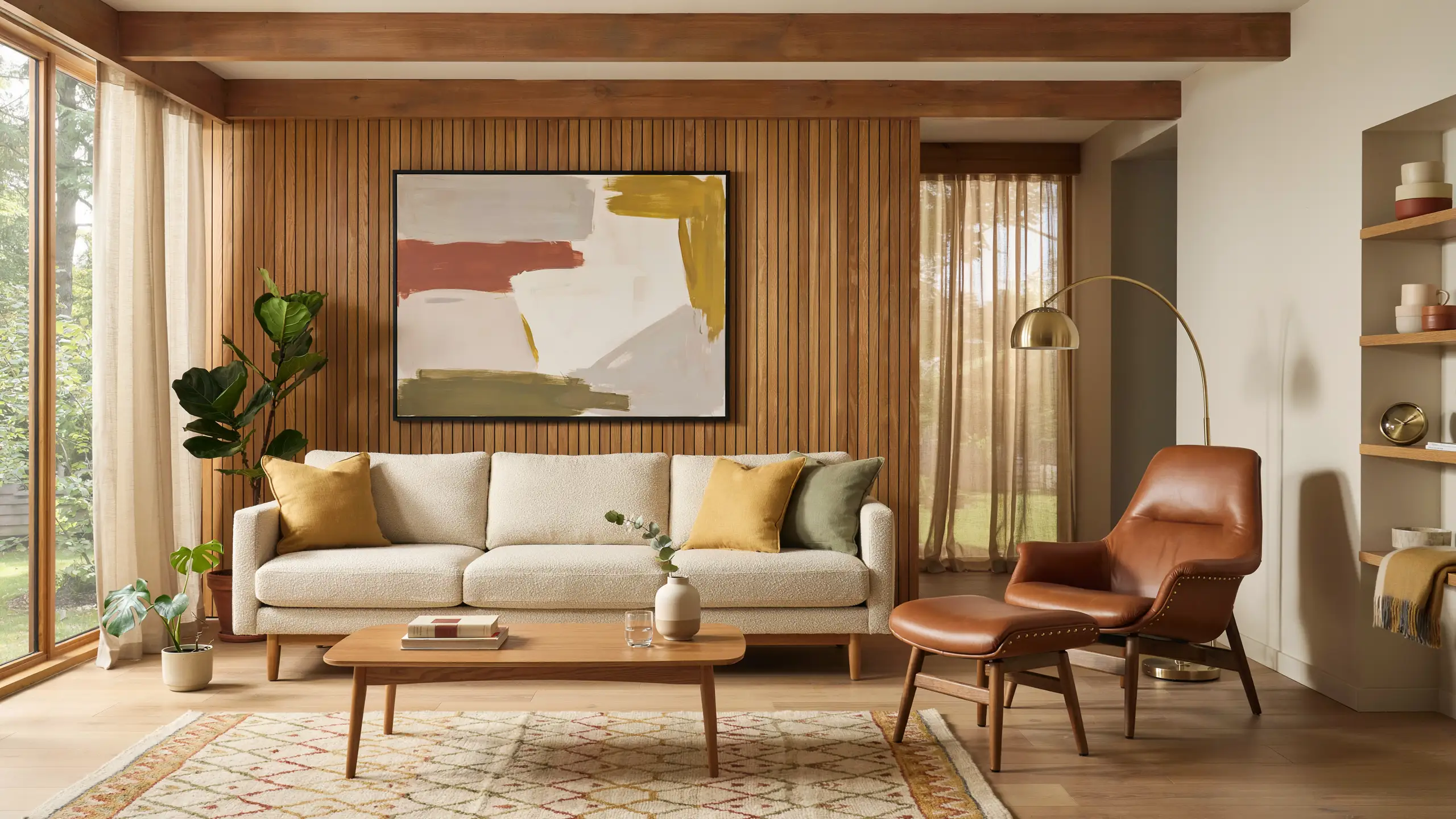 A cozy living room featuring a low-profile sofa, an armchair, and a colorful painting on the wall.