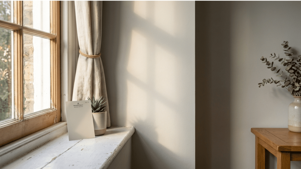 paint swatch on a windowsill with sunlight shifting the wall color behind it