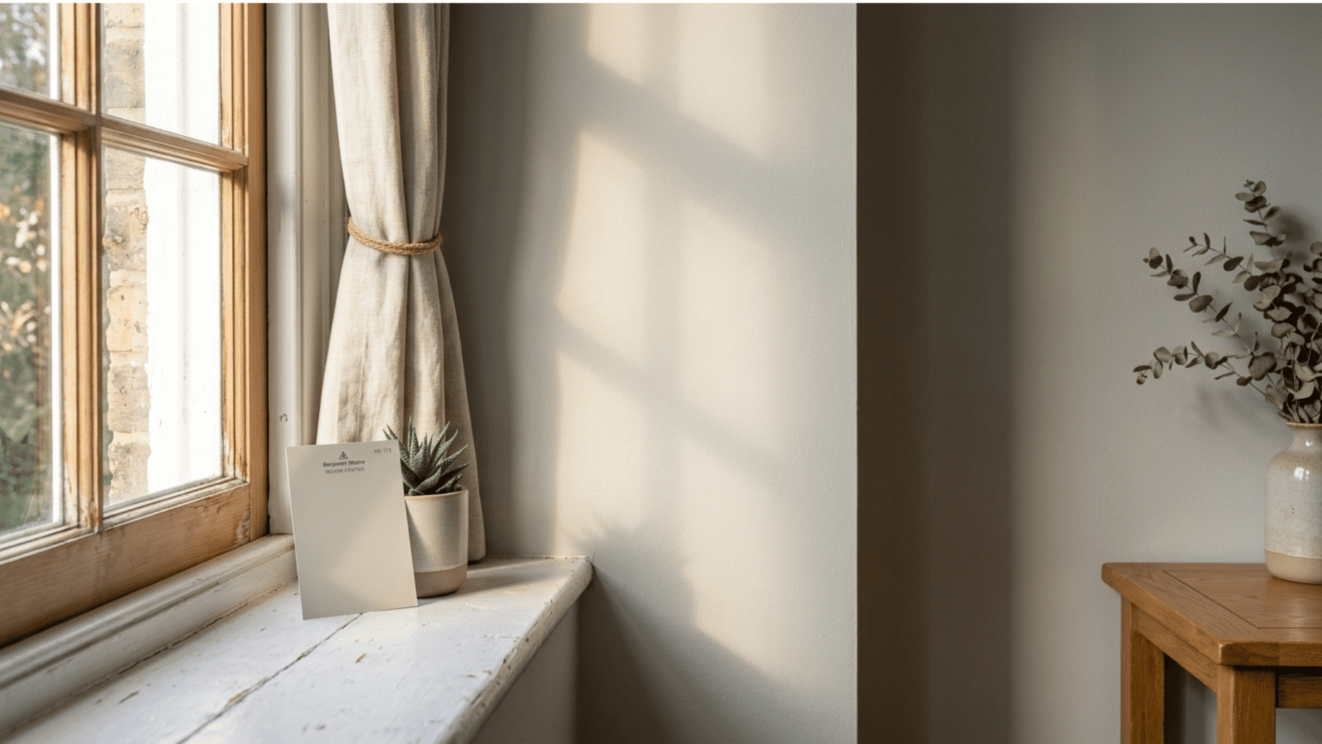 paint swatch on a windowsill with sunlight shifting the wall color behind it
