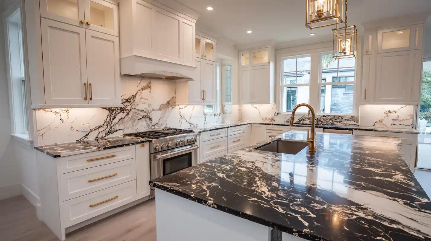 Luxury kitchen with white cabinets, dramatic black marble countertops and backsplash, gold hardware, and a spacious island illuminated by natural light.