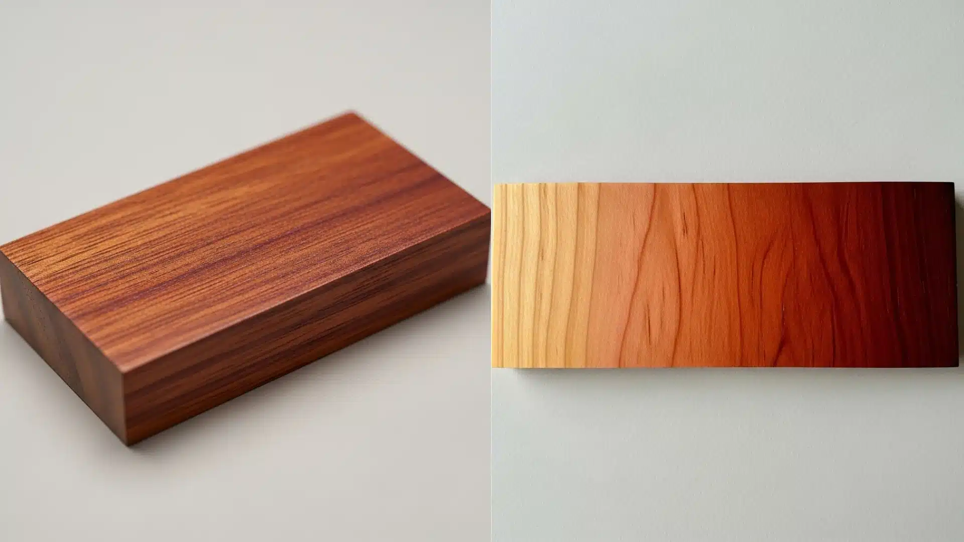 Two wooden surfaces, one a reddish-brown rectangular block and the other a gradient of wood tones from yellow to deep red.