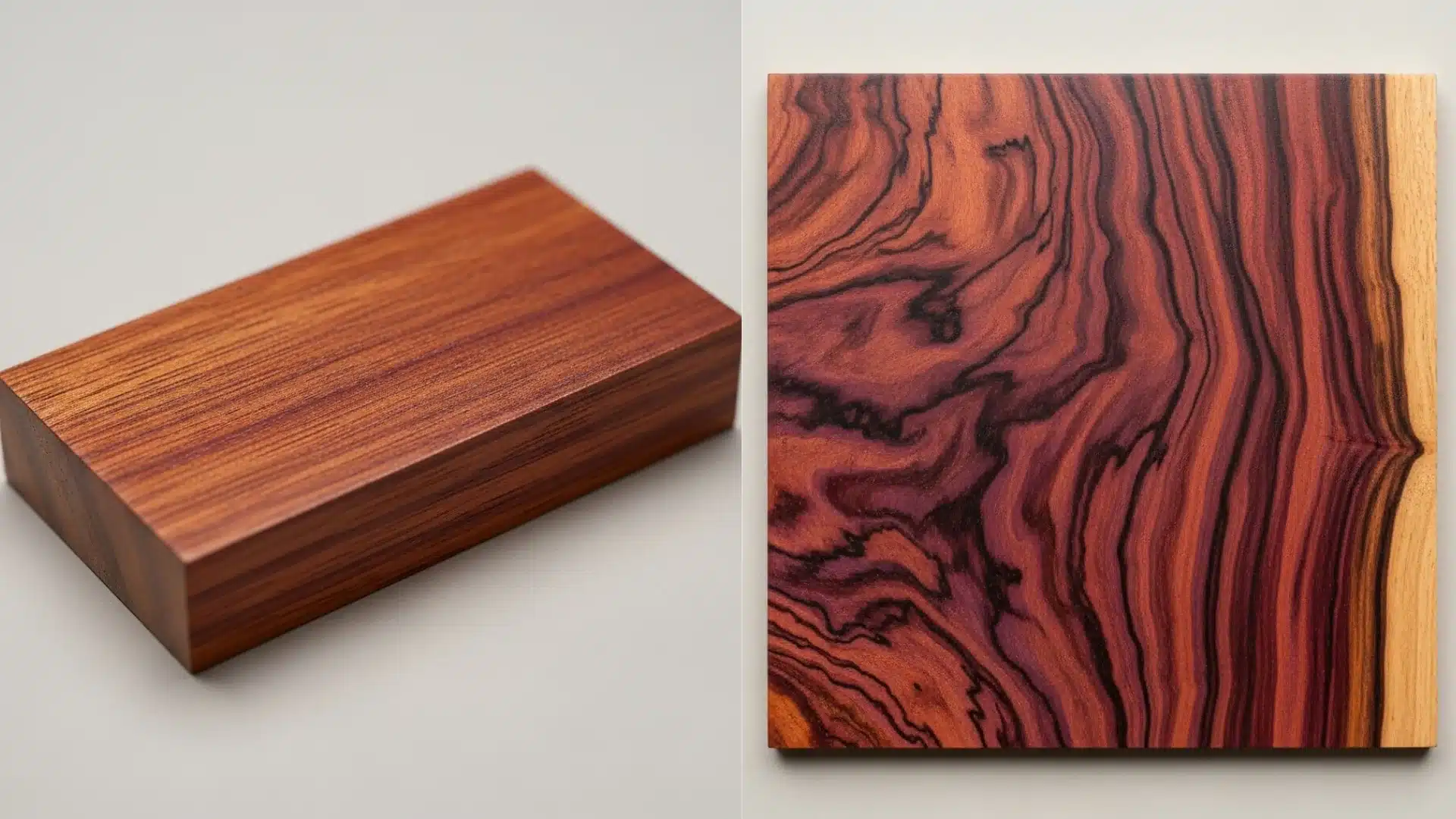 Mahogany and rosewood samples showing smooth and bold reddish wood grain patterns.