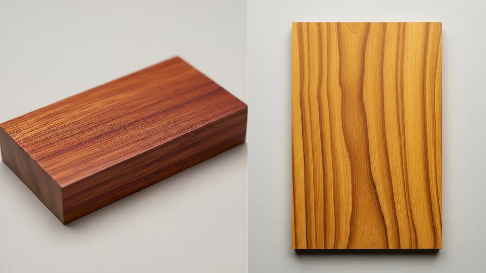 Two close-up views of wood textures: a reddish-brown rectangular block and a golden-brown plank with prominent grain.